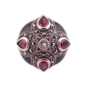 Red Crystal & Marcasite Enamel Silvertone Statement Ring - Size 8 New in Box